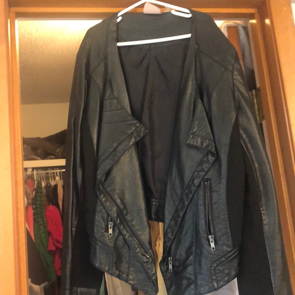 Black Pleather and knit detail Motorcycle Jacket
